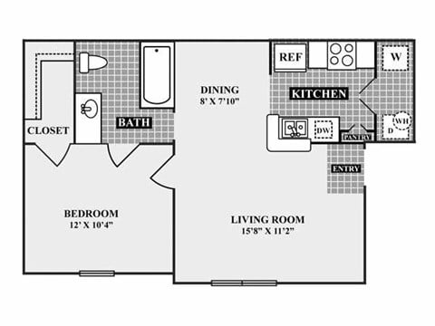 Floor plan for 1 bed, 1 bath, 605 sqft